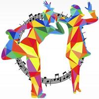 Polygon silhouettes dancing people and melody circle, vector music battle party background.