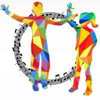 Polygon silhouettes dancing people and melody circle, vector music battle party background.