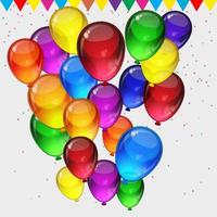 Birthday party vector background - colorful festive balloons, confetti, ribbons flying for celebrations card in isolated white background with space for you text.