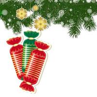 fondo de navidad con decoración navideña y ramas verdes de árbol de navidad. vector
