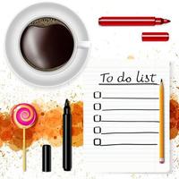 To-do list, a cup of coffee and a lollipop on a white background with grunge stains. vector