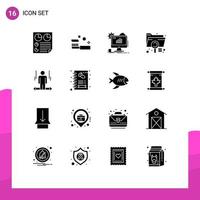 Group of 16 Modern Solid Glyphs Set for document analysis shower setting seo Editable Vector Design Elements