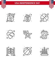 usa feliz día de la independencia pictograma conjunto de 9 líneas simples de sombrero de baloncesto de estrella de bandera usa elementos de diseño de vector de día de estados unidos editables