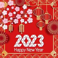 2023 Happy New Year Festive luxury red gold background. New Year, Chinese New Year. Frame made of Chinese lanterns, fireworks, tree flower branches and space for your text vector