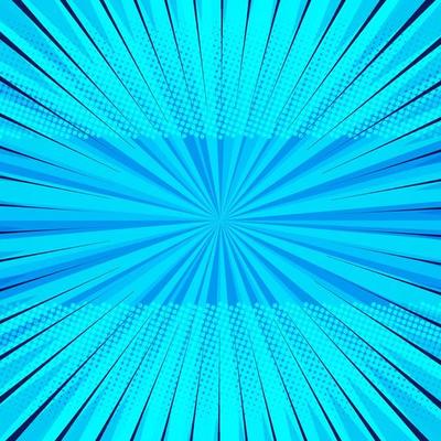 Abstract comic blue background for style pop art design. Retro burst template backdrop. Light rays effect. Vintage comic book style, halftone modern print texture, vector.