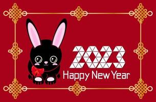 Cute black rabbit. Happy New Year Chinese New Year red gold background Chinese knot is a symbol of happiness and good luck. horizontal orientation vector