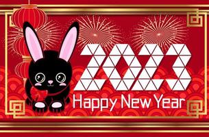 Cute black rabbit. 2023 Happy New Year Chinese New Year red gold background. horizontal orientation vector