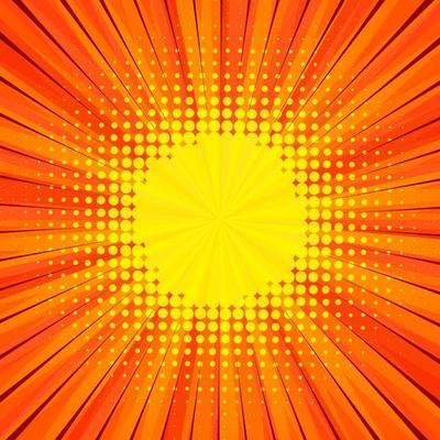 Abstract comic orange background for style pop art design. Retro burst template backdrop. Light rays effect. Vintage comic book style, halftone modern print texture, vector.