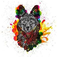 cabeza de perro, cara de perro pastor. fondo grunge. patrón de diseño de tatuajes de colores, línea de garabatos, estilo étnico tribal, símbolo gráfico animal 2018, ilustración vectorial aislada. vector