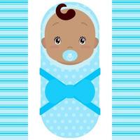 Smiling african baby boy with pacifier isolated on white background. Vector cartoon mascot. Holiday illustration to Birthday, Baby Shower.
