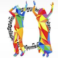 Polygon silhouettes dancing people and melody circle, vector music battle party background.