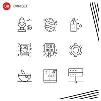 Mobile Interface Outline Set of 9 Pictograms of sugar level cleaning story love Editable Vector Design Elements