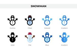 íconos de muñecos de nieve en diferentes estilos. conjunto de iconos de muñeco de nieve. símbolo de vacaciones. conjunto de iconos de estilo diferente. ilustración vectorial vector