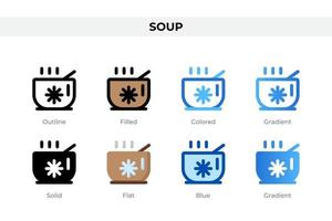 Soup icons in different style. Soup icons set. Holiday symbol. Different style icons set. Vector illustration