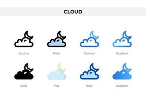 iconos de nubes en diferentes estilos. conjunto de iconos de nube. símbolo de vacaciones. conjunto de iconos de estilo diferente. ilustración vectorial vector