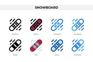 Snowboard icons in different style. Snowboard icons set. Holiday symbol. Different style icons set. Vector illustration