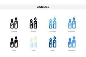 Candle icons in different style. Candle icons set. Holiday symbol. Different style icons set. Vector illustration