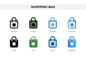 iconos de bolsa de compras en un estilo diferente. conjunto de iconos de bolsa de compras. símbolo de vacaciones. conjunto de iconos de estilo diferente. ilustración vectorial vector