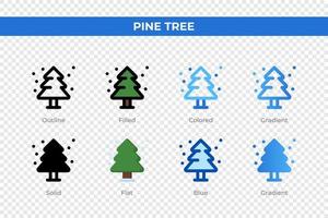 Pine tree icons in different style. Pine tree icons set. Holiday symbol. Different style icons set. Vector illustration
