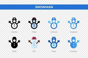 Snowman icons in different style. Snowman icons set. Holiday symbol. Different style icons set. Vector illustration