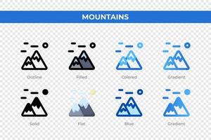 Mountains icons in different style. Mountains icons set. Holiday symbol. Different style icons set. Vector illustration