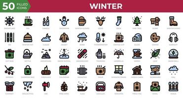 Winter icons in filled outline style. Snowflake, tea, sweater. Filled outline icons collection. Holiday symbol. Vector illustration