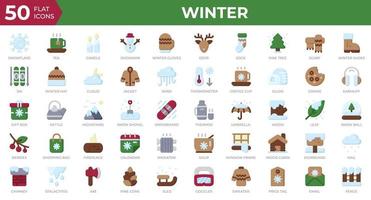 Winter icons in flat style. Snowflake, tea, sweater. Flat icons collection. Holiday symbol. Vector illustration