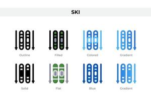 Ski icons in different style. Ski icons set. Holiday symbol. Different style icons set. Vector illustration