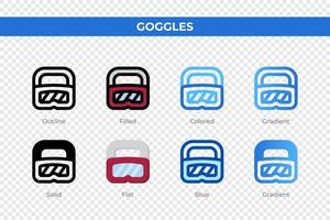 Goggles icons in different style. Goggles icons set. Holiday symbol. Different style icons set. Vector illustration