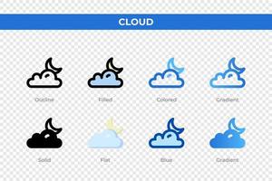 Cloud icons in different style. Cloud icons set. Holiday symbol. Different style icons set. Vector illustration