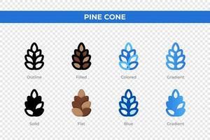 iconos de cono de pino en un estilo diferente. conjunto de iconos de cono de pino. símbolo de vacaciones. conjunto de iconos de estilo diferente. ilustración vectorial vector