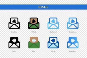 Email icons in different style. Email icons set. Holiday symbol. Different style icons set. Vector illustration