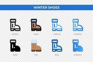 iconos de zapatos de invierno en un estilo diferente. conjunto de iconos de zapatos de invierno. símbolo de vacaciones. conjunto de iconos de estilo diferente. ilustración vectorial vector