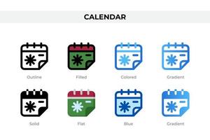 iconos de calendario en un estilo diferente. conjunto de iconos de calendario. símbolo de vacaciones. conjunto de iconos de estilo diferente. ilustración vectorial vector