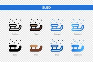 Sled icons in different style. Sled icons set. Holiday symbol. Different style icons set. Vector illustration