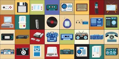 Set of icons old retro vintage hipster tech electronics cassette audio tape recorder, computer, game consoles for video games from the 70s, 80s, 90s. Vector illustration