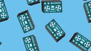 Seamless pattern endless with music audio cassette old retro tape recorders vintage hipster from 70s, 80s, 90s isolated on blue background. Vector illustration