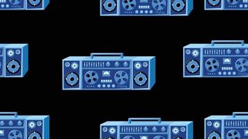 Seamless pattern endless with music audio cassette old retro tape recorders vintage hipster from 70s, 80s, 90s isolated on blue background. Vector illustration