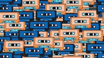 Seamless pattern endless with music audio cassettes old retro vintage hipster from 70s, 80s, 90s isolated on white background. Vector illustration