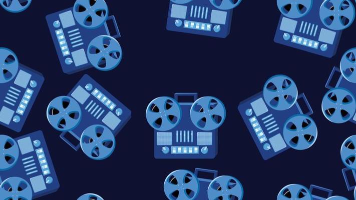 Seamless pattern endless with music audio cassette old retro tape recorders vintage hipster from 70s, 80s, 90s isolated on blue background. Vector illustration