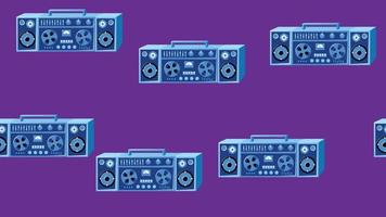 Seamless pattern endless with music audio cassette old retro tape recorders vintage hipster from 70s, 80s, 90s isolated on purple background. Vector illustration