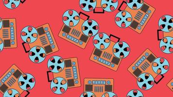 Seamless pattern endless with music audio cassette old retro tape recorders vintage hipster from 70s, 80s, 90s isolated on red background. Vector illustration