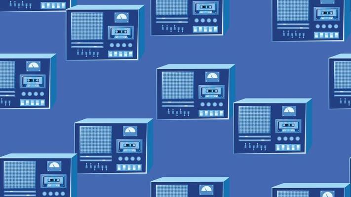 Seamless pattern endless with music audio cassette old retro tape recorders vintage hipster from 70s, 80s, 90s isolated on blue background. Vector illustration