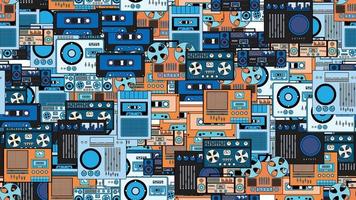 Seamless pattern endless with music audio tech electronics equipment old retro vintage hipster from 70s, 80s, 90s isolated on white background. Vector illustration