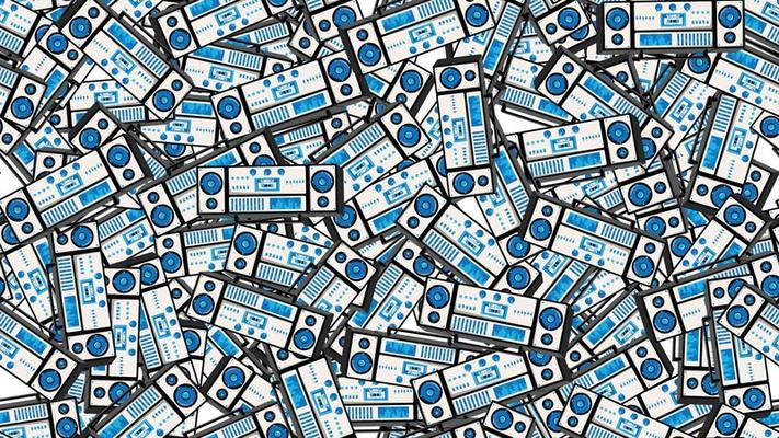 Seamless pattern endless with music audio cassette old retro tape recorders vintage hipster from 70s, 80s, 90s isolated on white background. Vector illustration