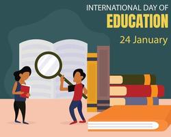 illustration vector graphic of a couple is reading a book using a magnifying glass, showing a pile of books, perfect for international day, international day of education, celebrate, greeting card.