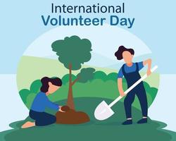 illustration vector graphic of two volunteers planting trees in the garden, perfect for international day, international volunteer day, celebrate, greeting card, etc.