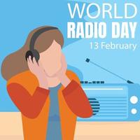 ilustración gráfica vectorial de una mujer está escuchando música de radio desde auriculares, perfecta para el día internacional, día mundial de la radio, celebración, tarjeta de felicitación, etc. vector