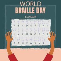 illustration vector graphic of a pair of hands holding a piece of paper with the braille alphabet written on it, perfect for international day, world braille day, celebrate, greeting card, etc.
