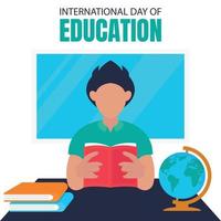 illustration vector graphic of a boy is reading a book on a table, showing a globe and a pile of books, perfect for international day, international day of education, celebrate, greeting card, etc.